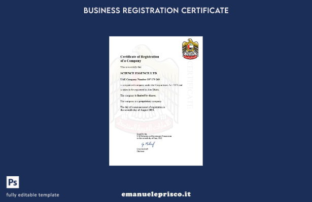 Certificato di registrazione aziendale negli Emirati Arabi Uniti in stile verifi
